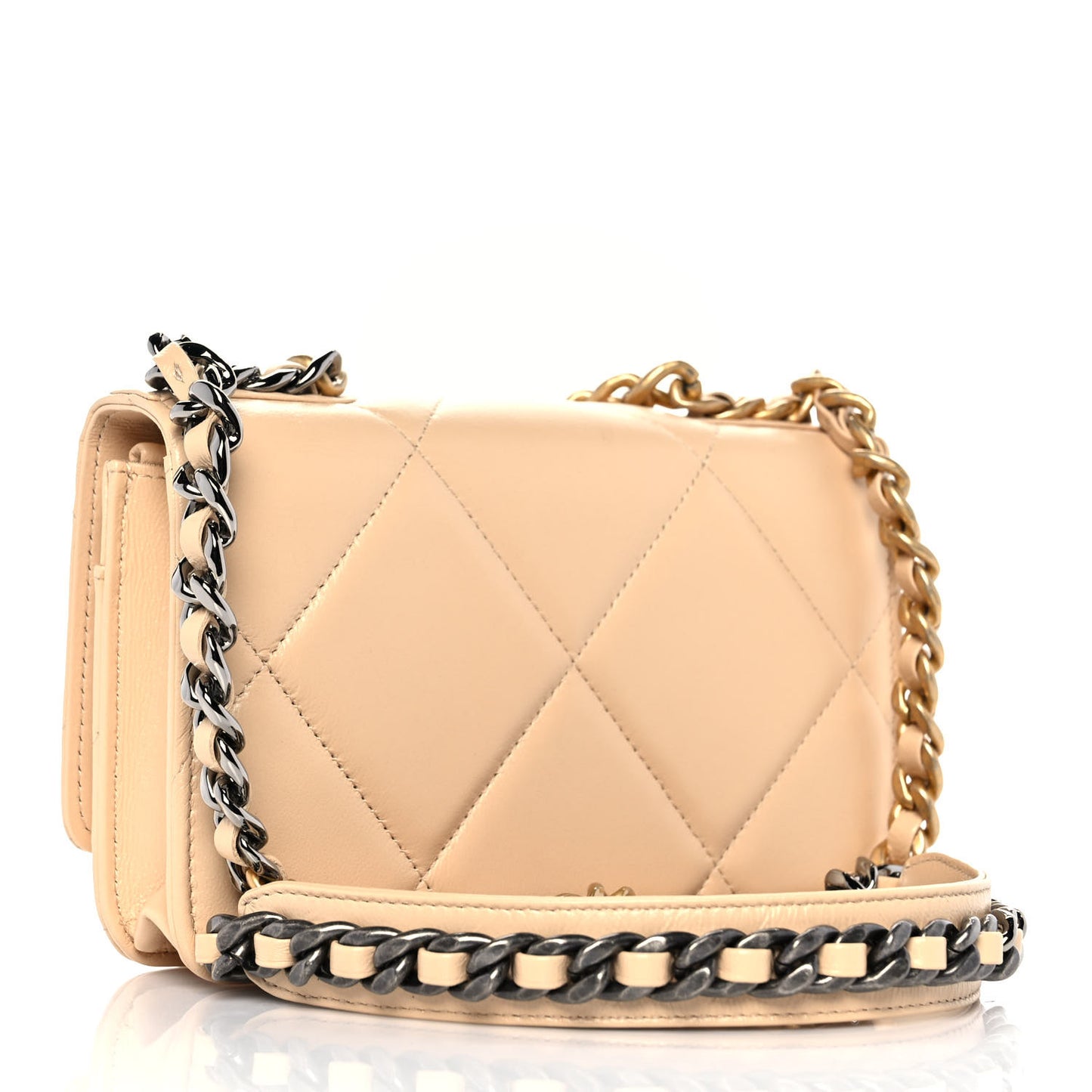 Goatskin Quilted Chanel 19 Wallet On Chain WOC Beige