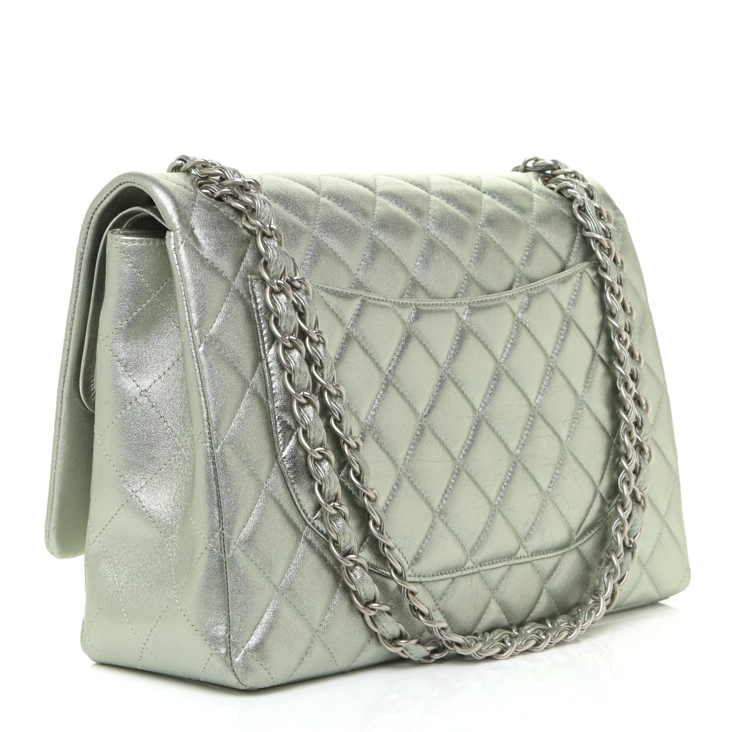Metallic Lambskin Quilted Maxi Double Flap Green