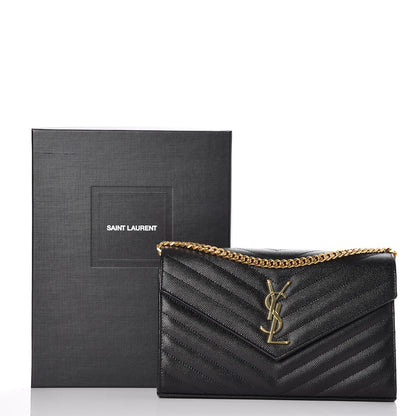 Saint Laurent Grain De Poudre Matelasse Chevron Monogram Chain Wallet Black 7 of 7
