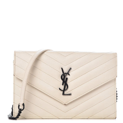 Saint Laurent Grain De Poudre Matelasse Chevron Monogram Envelope Chain Wallet Dove White 1 of 17