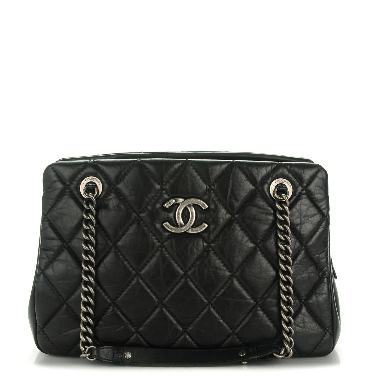 Aged Calfskin Quilted Small Crown Tote Black