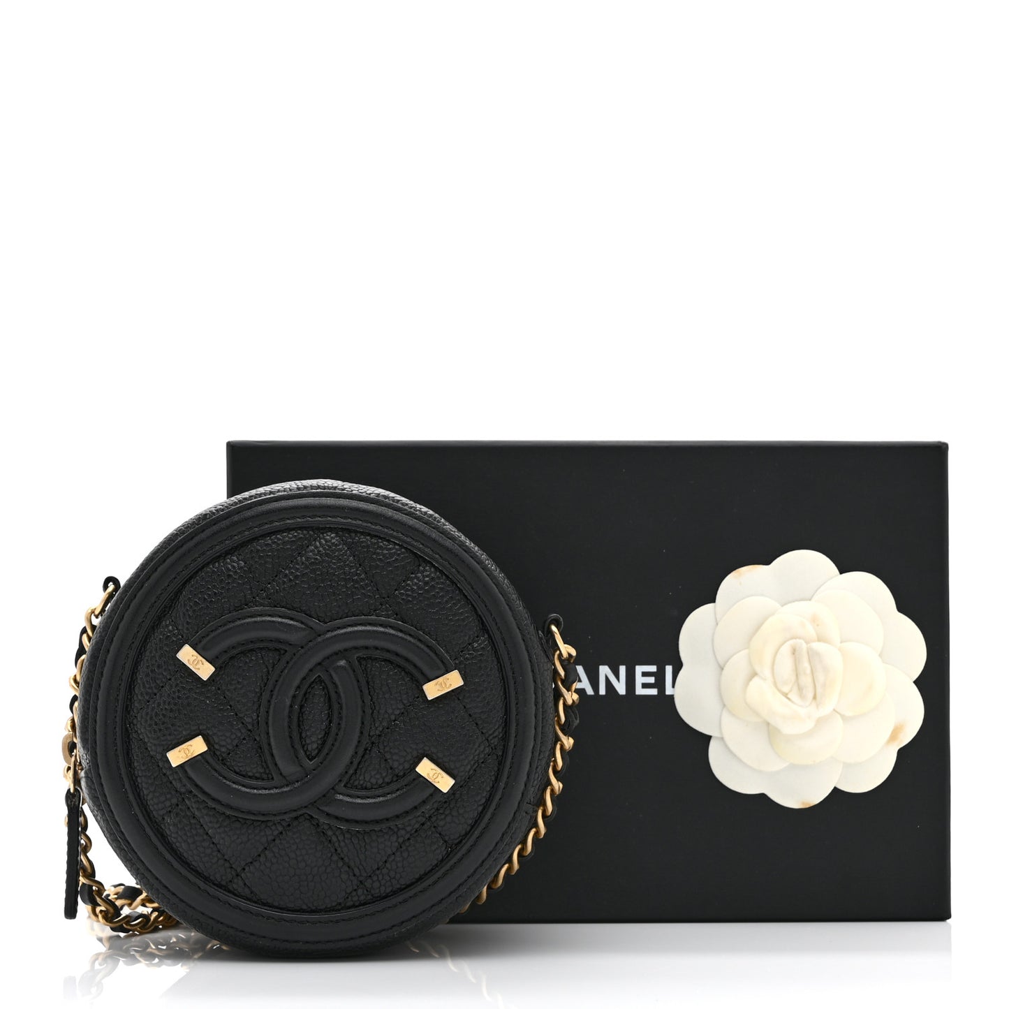 Caviar Quilted Round Filigree Crossbody Black