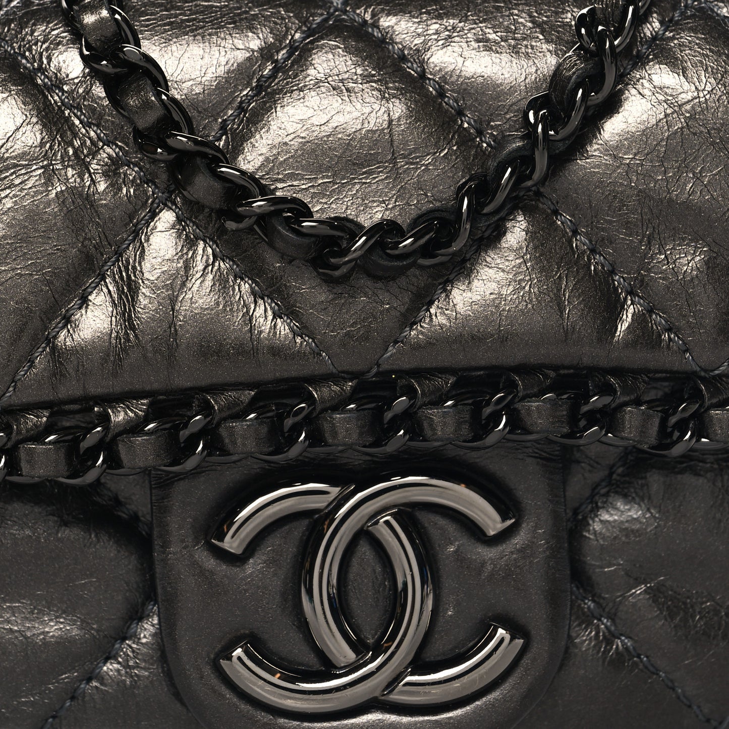 Metallic Aged Calfskin Mini Chain Me Flap Dark Grey