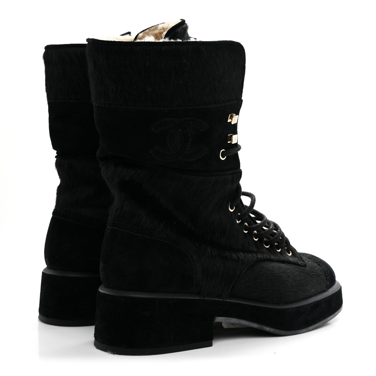 Suede Pony Hair Shearling Lace Up Combat Boots 37.5 Black White