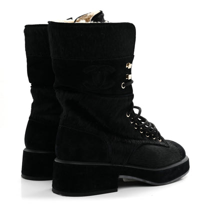 Chanel Suede Pony Hair Shearling Lace Up Combat Boots 37.5 Black White 5 of 10