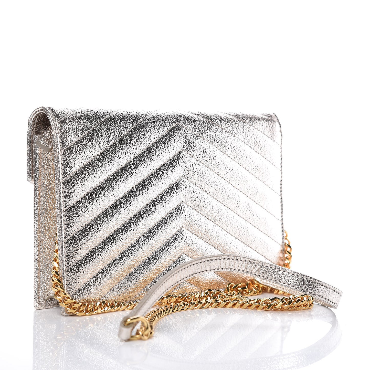 Metallic Crackled Calfskin Matelasse Chevron Monogram Envelope Chain Wallet Gold