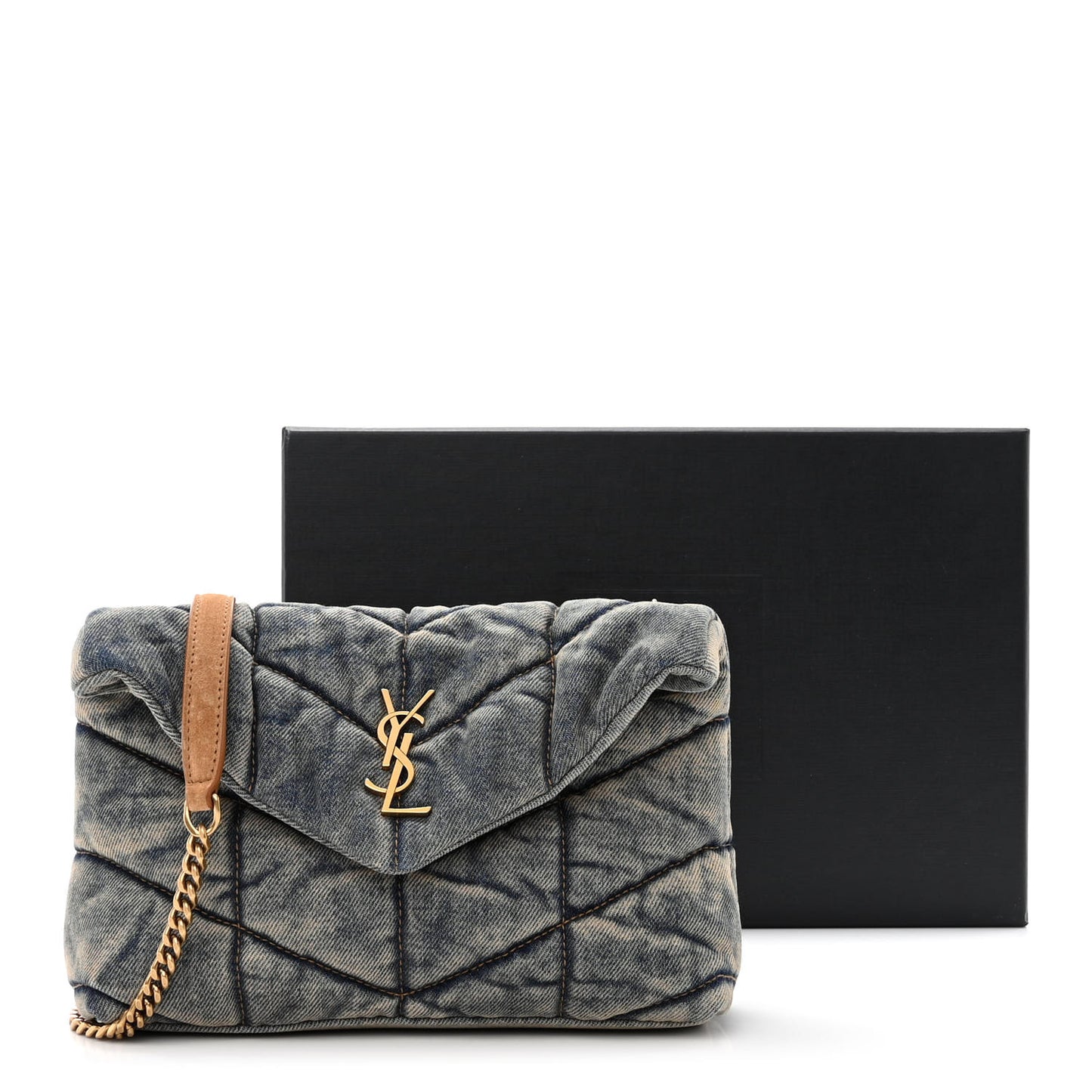 Denim Quilted Toy Loulou Puffer Monogram Chain Satchel Blue Cinnamon