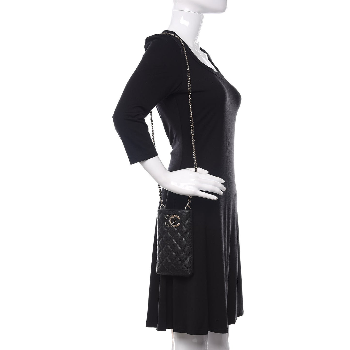 Caviar Quilted French New Wave Phone Holder With Chain Black