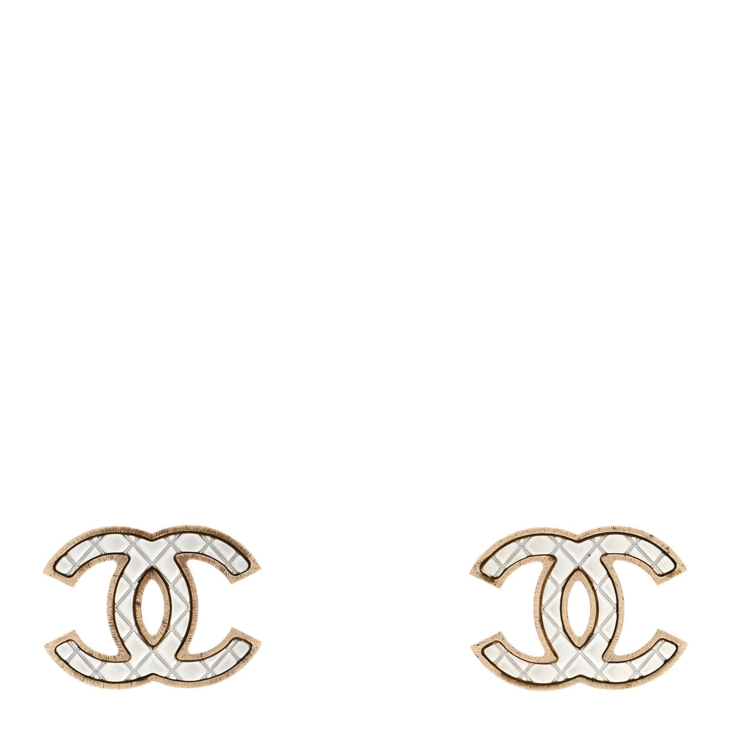 Metal Quilted CC Earrings Gold White