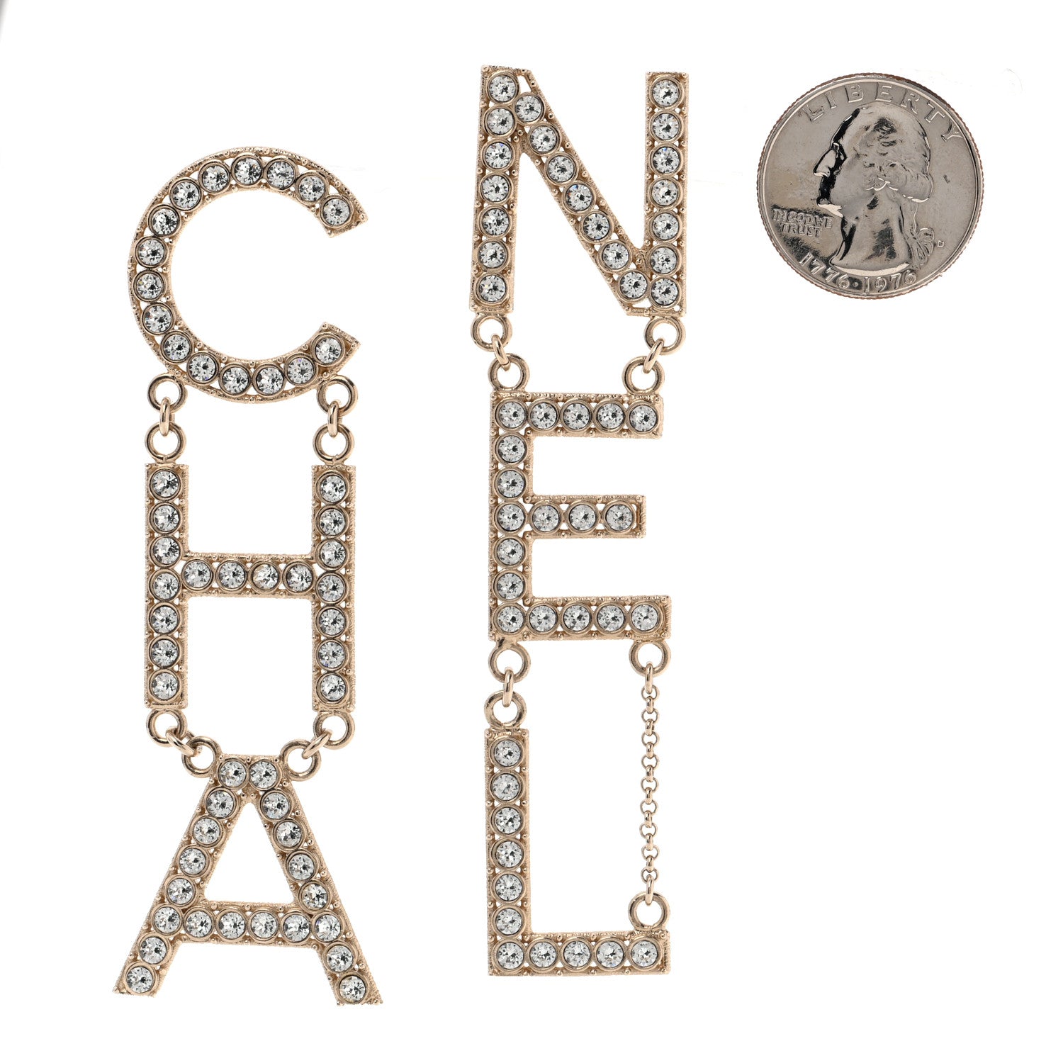 Chanel Crystal Cha-Nel Logo Drop Earrings Gold 2 of 5