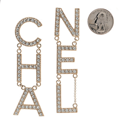 Chanel Crystal Cha-Nel Logo Drop Earrings Gold 2 of 5