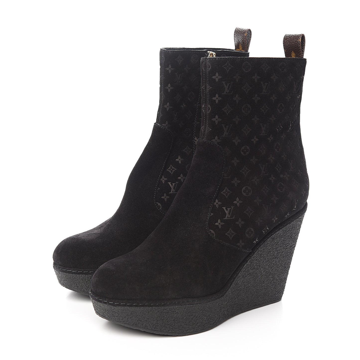 Monogram Embossed Suede Wedge Low Boots 38.5 Black