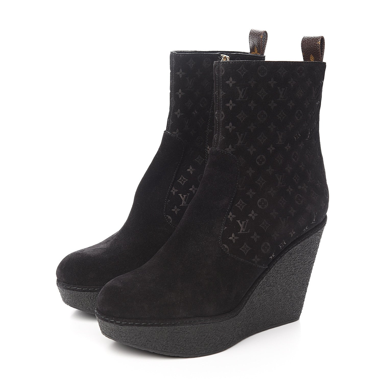 Louis Vuitton Monogram Embossed Suede Wedge Low Boots 38.5 Black 3 of 8