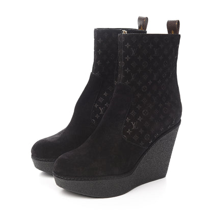 Louis Vuitton Monogram Embossed Suede Wedge Low Boots 38.5 Black 3 of 8