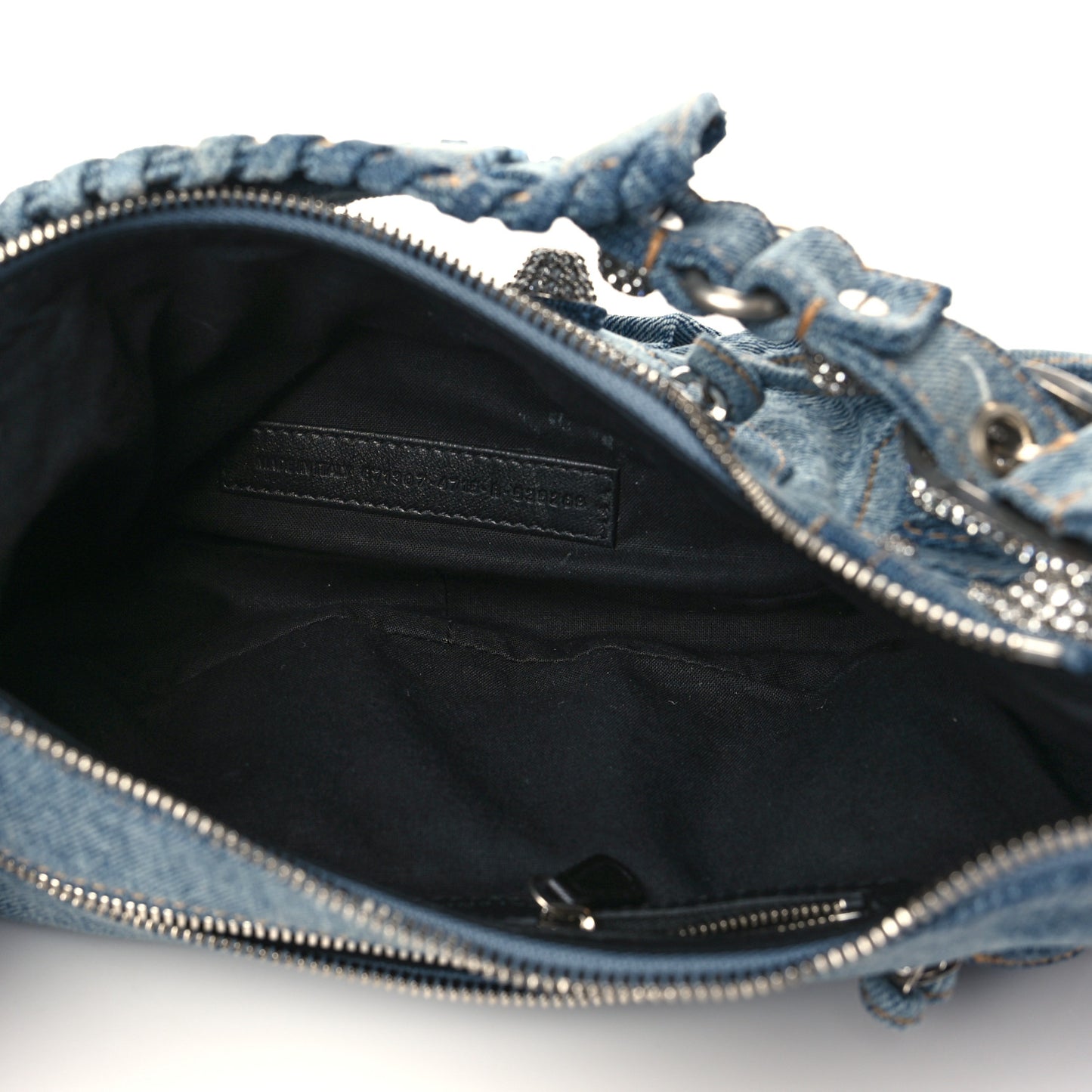 Washed Frayed Denim Crystal Small Le Cagole Shoulder Bag Blue