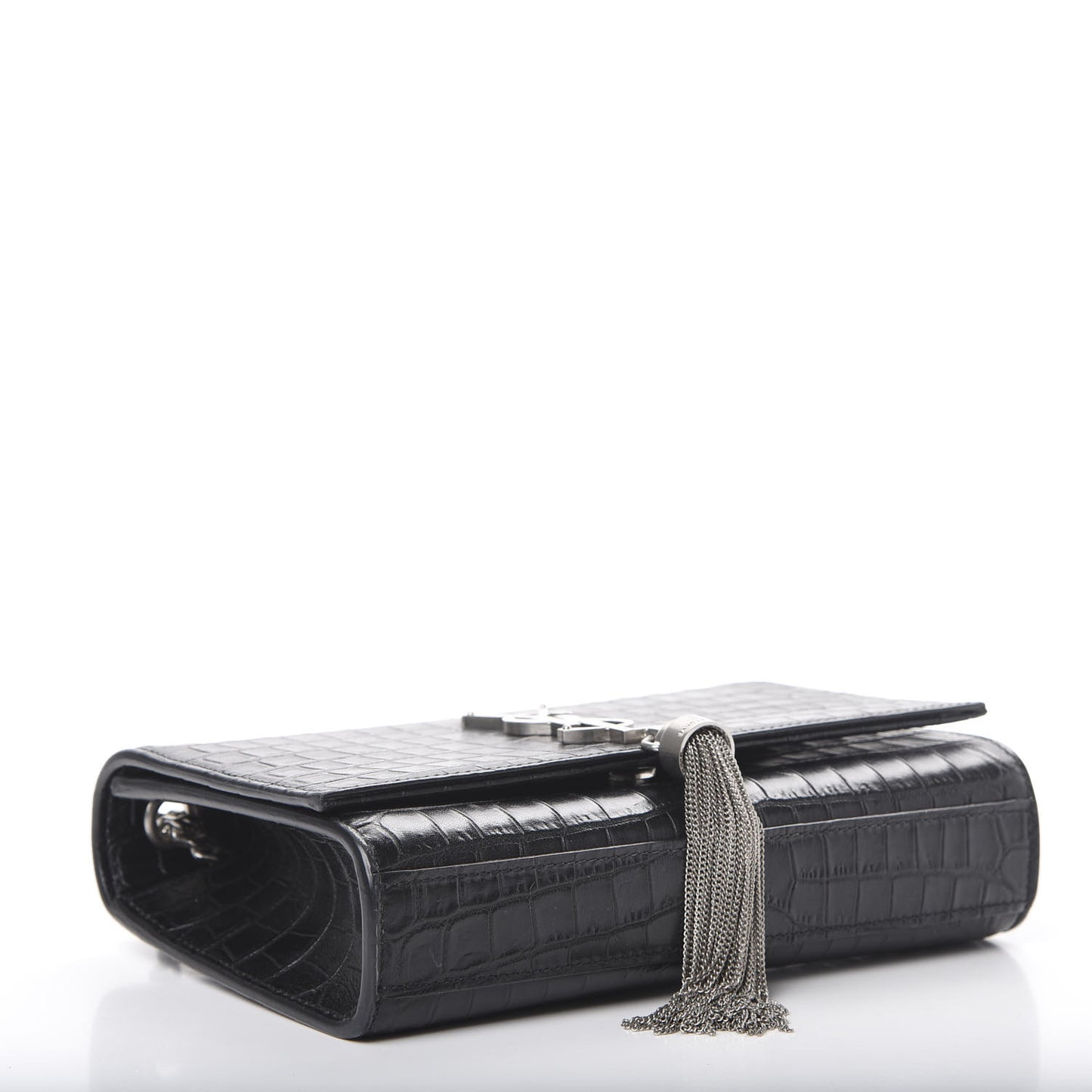 Calfskin Crocodile Embossed Monogram Small Kate Tassel Satchel Black