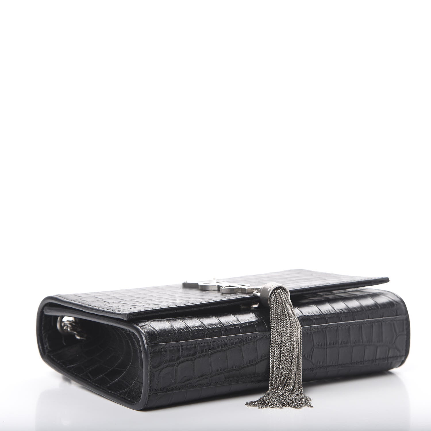 Saint Laurent Calfskin Crocodile Embossed Monogram Small Kate Tassel Satchel Black 3 of 10