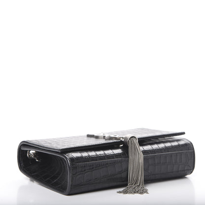 Saint Laurent Calfskin Crocodile Embossed Monogram Small Kate Tassel Satchel Black 3 of 10