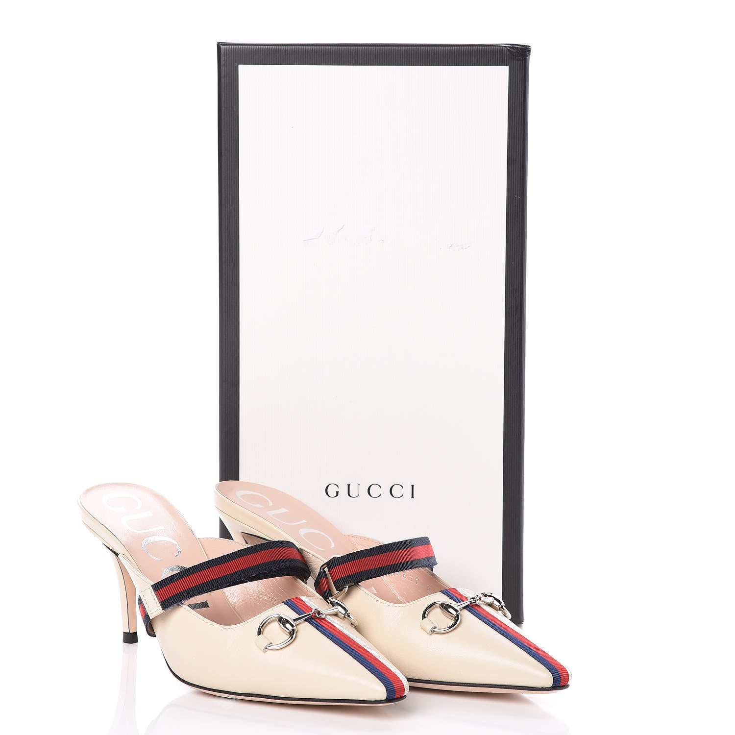 Gucci Malaga Kid Sylvie Web Cross Strap Mid-Heel Slides 36 Vintage White 8 of 8
