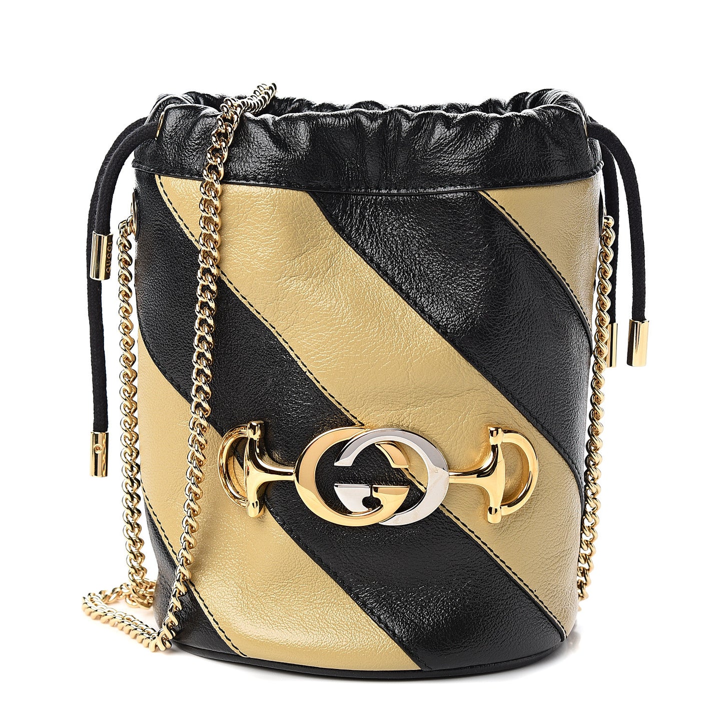 Calfskin Diagonal Striped Mini Zumi Bucket Bag Black Beige
