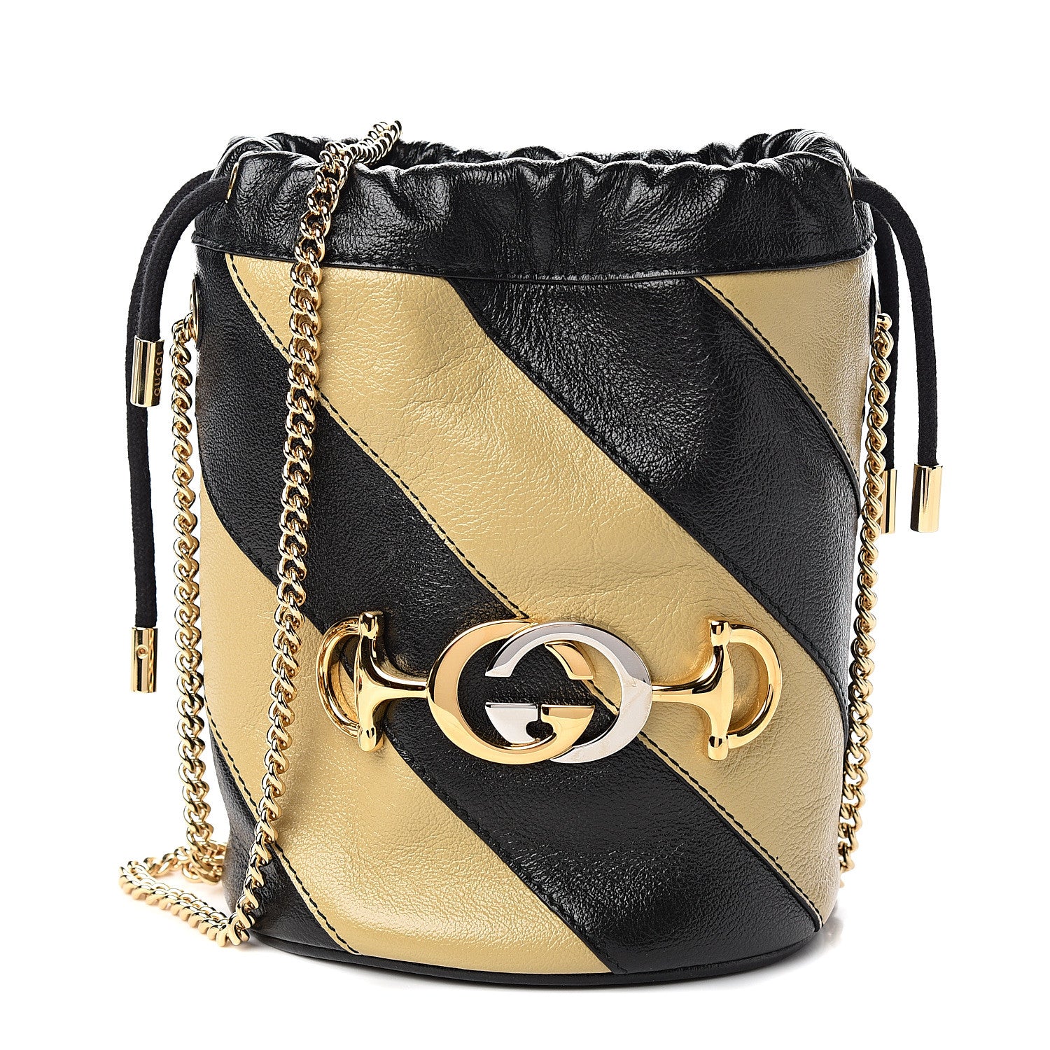 Gucci Calfskin Diagonal Striped Mini Zumi Bucket Bag Black Beige 1 of 9