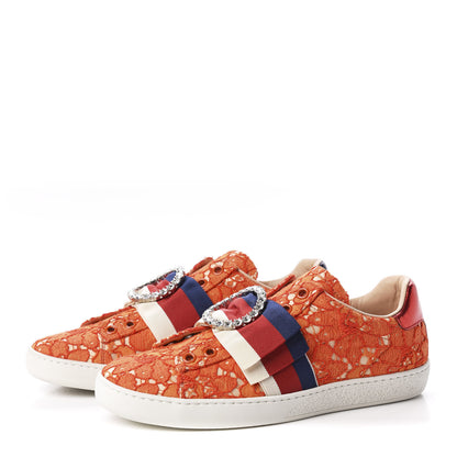 Gucci Lace Crystal Sylvie Web Flower Leaf Womens Ace Sneakers 35.5 Hot Orange Tan Beige 2 of 11
