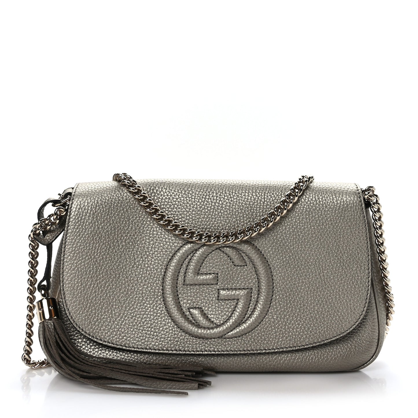 Metallic Pebbled Calfskin Medium Soho Flap Crossbody Golden Beige