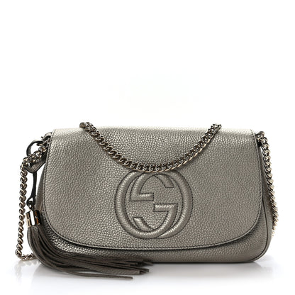 Gucci Metallic Pebbled Calfskin Medium Soho Flap Crossbody Golden Beige 1 of 9