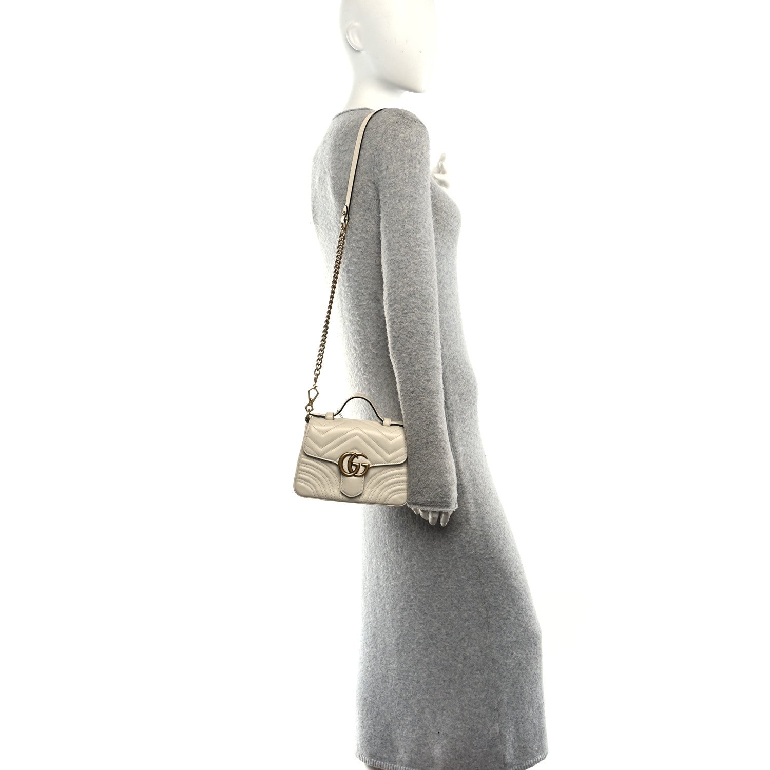 Gucci Calfskin Matelasse Mini GG Marmont Top Handle Shoulder Bag White 2 of 10