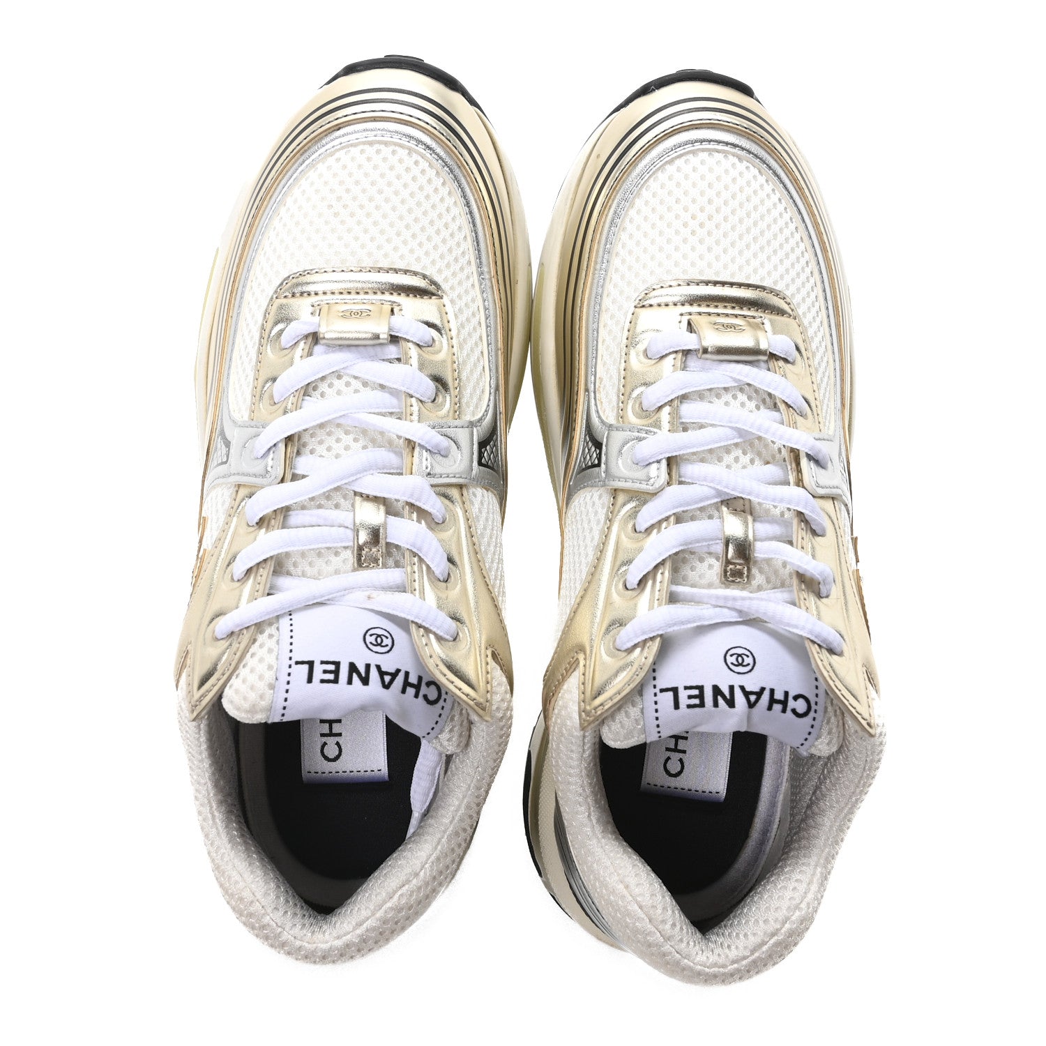 Chanel Fabric Laminated Calfskin Stretch CC Sneakers 36 White Gold Silver 2 of 9