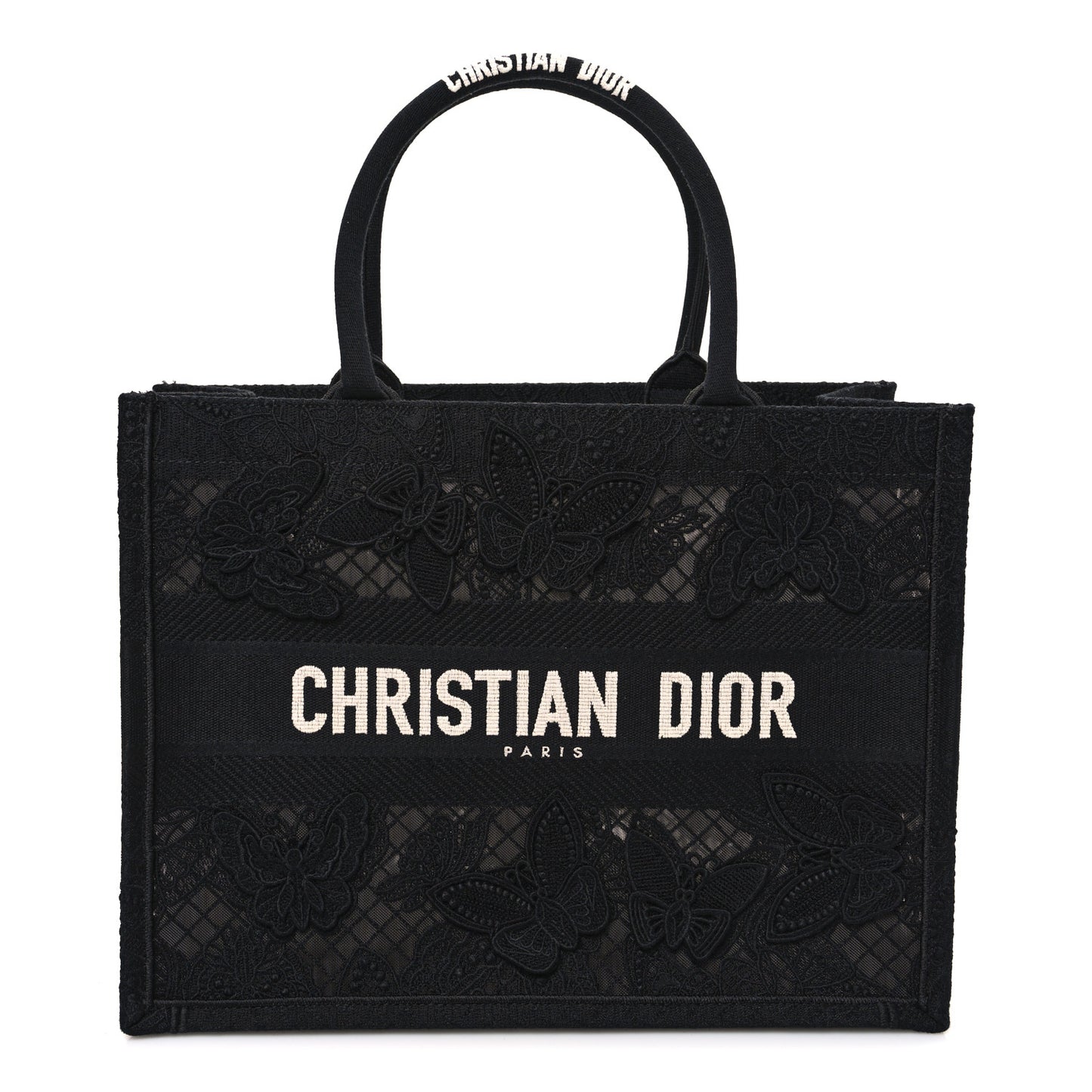 Embroidered 3D Macrame D-Lace Butterfly Medium Book Tote Black