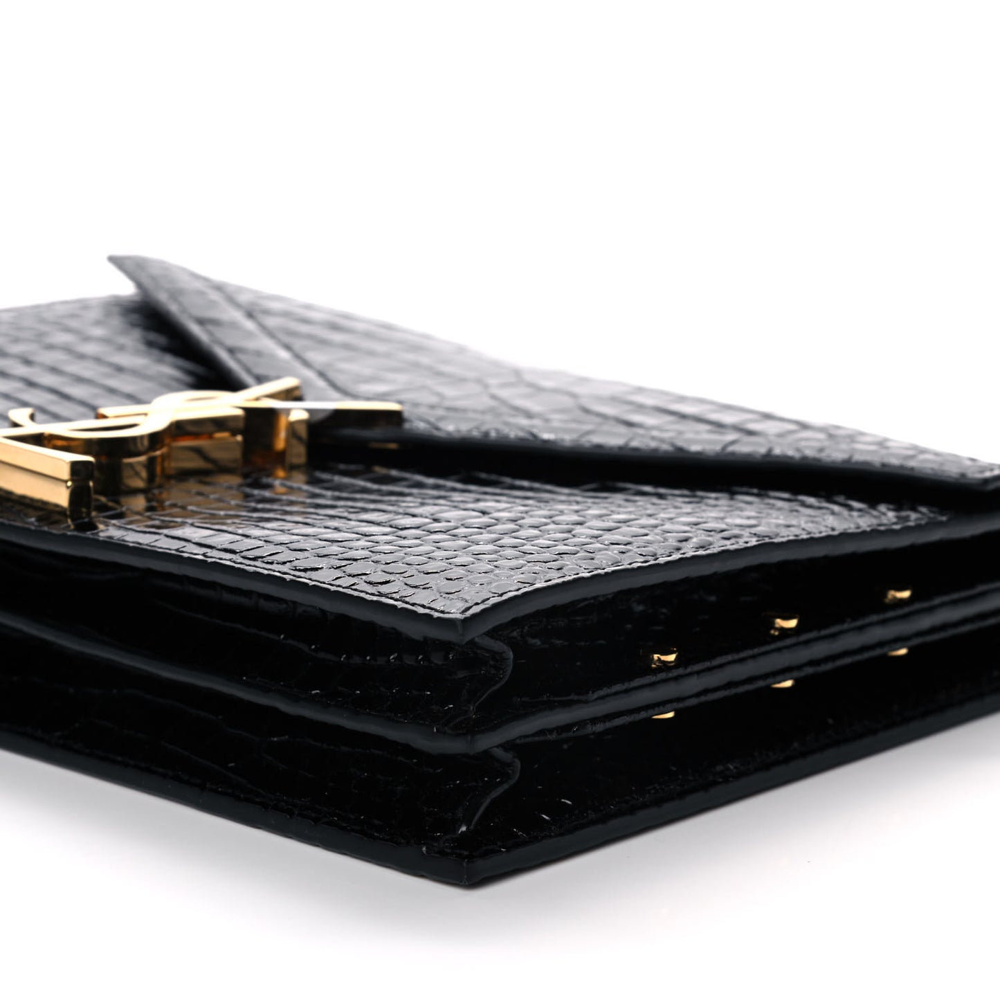 Patent Calfskin Crocodile Embossed Monogram Cassandra Chain Wallet Black