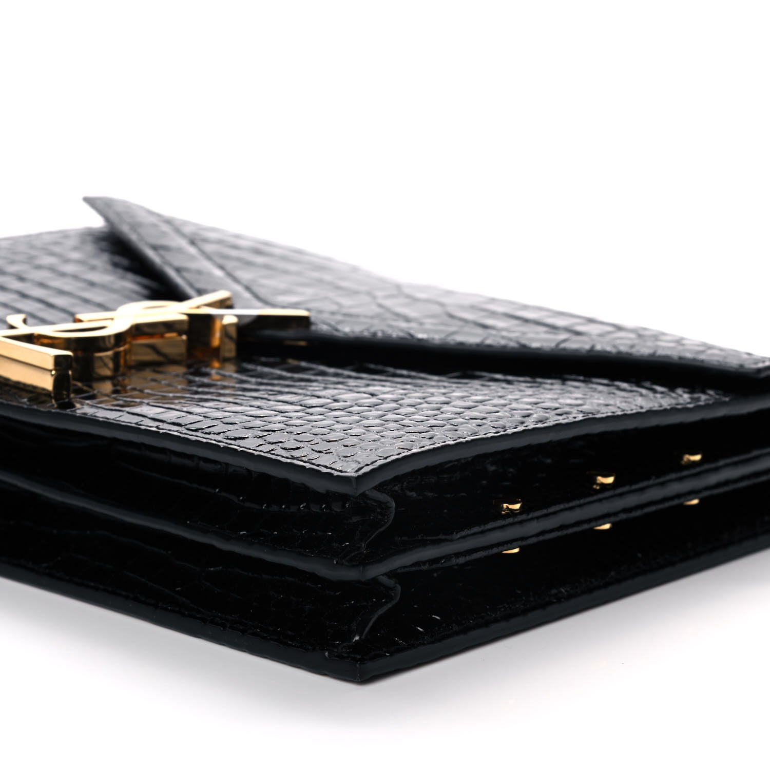 Saint Laurent Patent Calfskin Crocodile Embossed Monogram Cassandra Chain Wallet Black 11 of 12