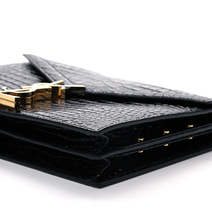 Saint Laurent Patent Calfskin Crocodile Embossed Monogram Cassandra Chain Wallet Black 11 of 12