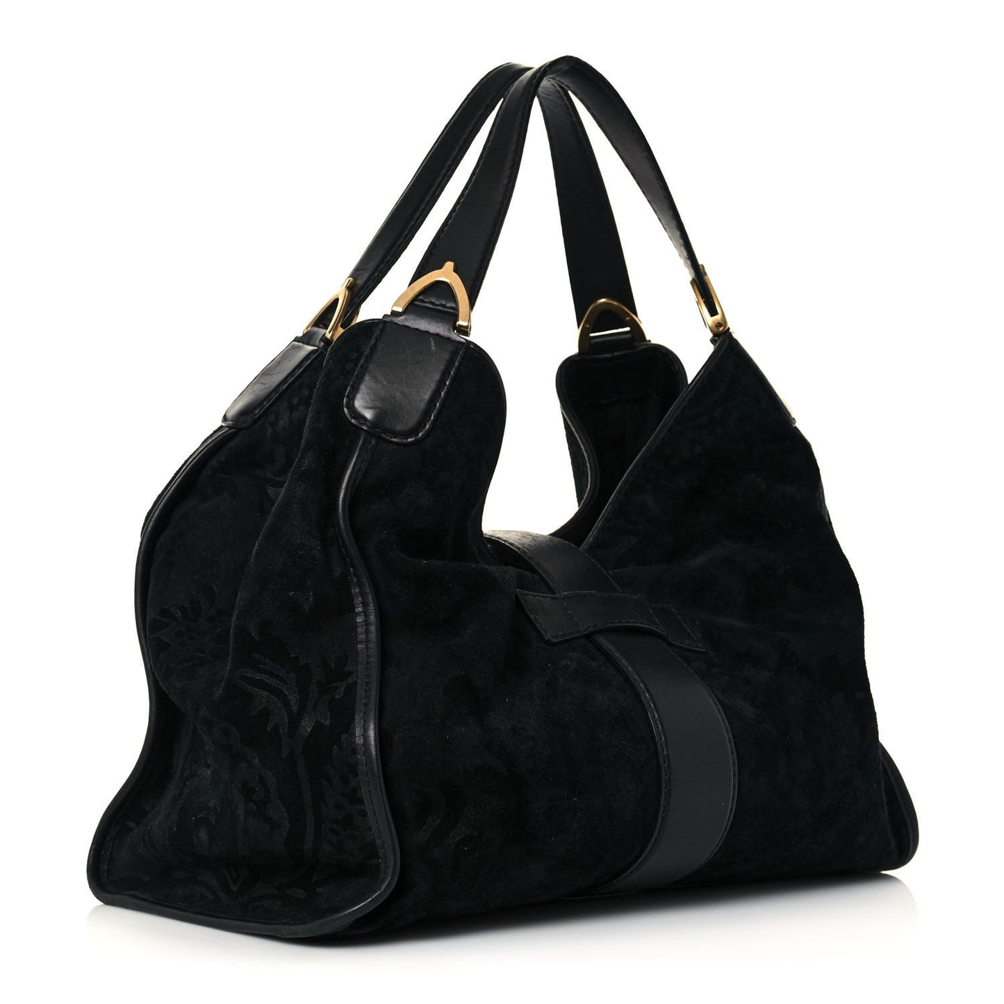 Nubuck Brocade Medium Soft Stirrup Shoulder Bag Black