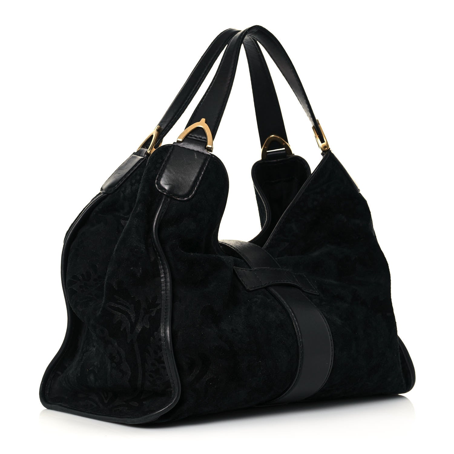 Gucci Nubuck Brocade Medium Soft Stirrup Shoulder Bag Black 3 of 18