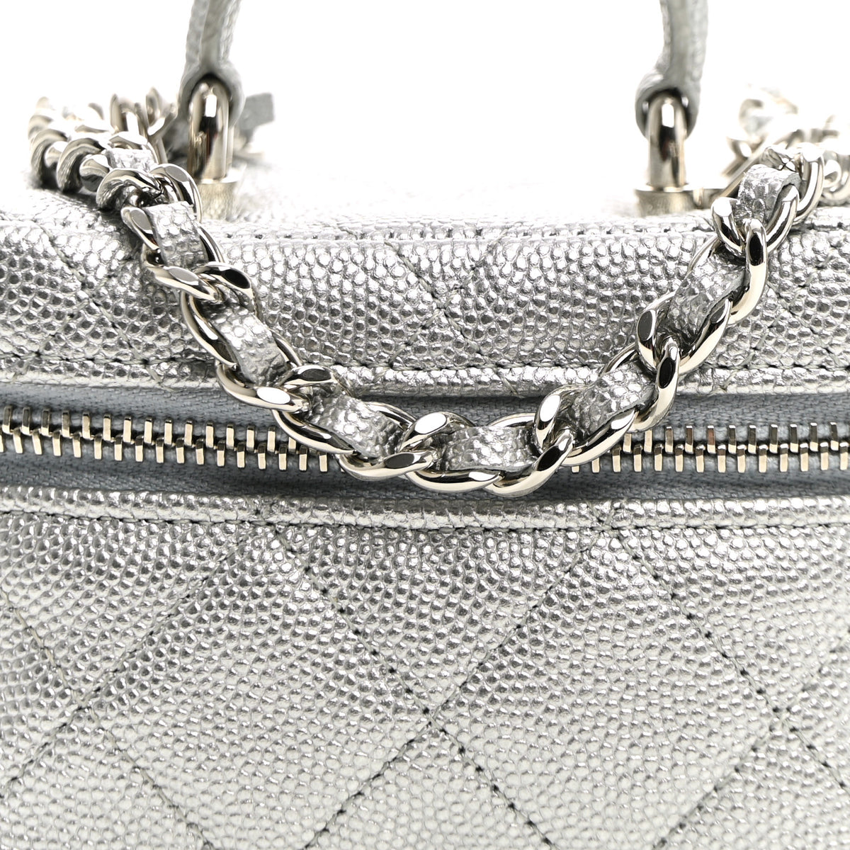 Metallic Caviar Quilted Mini Top Handle Vanity With Chain Silver