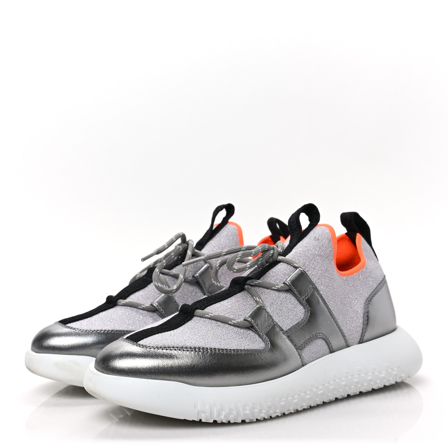 Hermes Knit Metallic Calfskin Womens Duel Sneakers 36 Argent Orange Black 3 of 7
