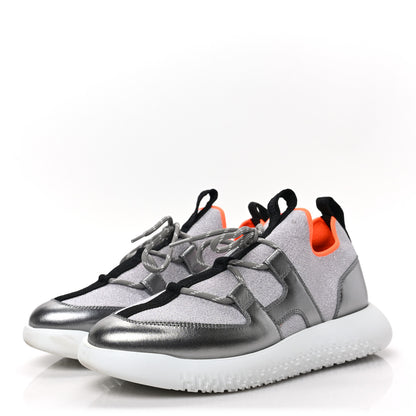 Hermes Knit Metallic Calfskin Womens Duel Sneakers 36 Argent Orange Black 3 of 7