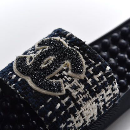 Chanel Tweed Rubber CC Flat Mules 36 Navy 9 of 14