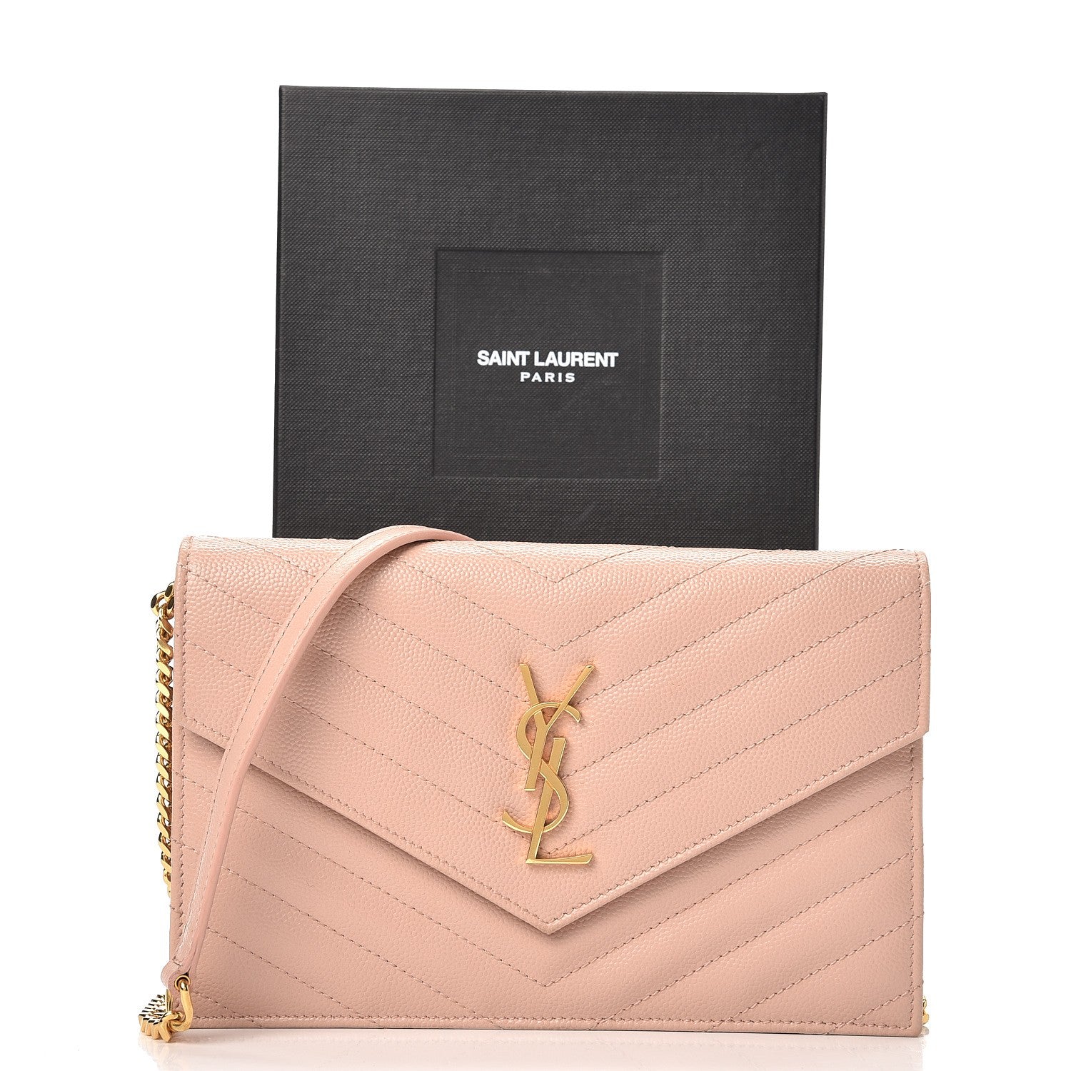 Saint Laurent Grain De Poudre Matelasse Chevron Monogram Envelope Chain Wallet Pale Pink 9 of 9