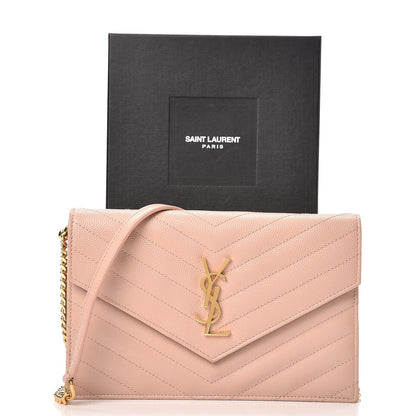Saint Laurent Grain De Poudre Matelasse Chevron Monogram Envelope Chain Wallet Pale Pink 9 of 9