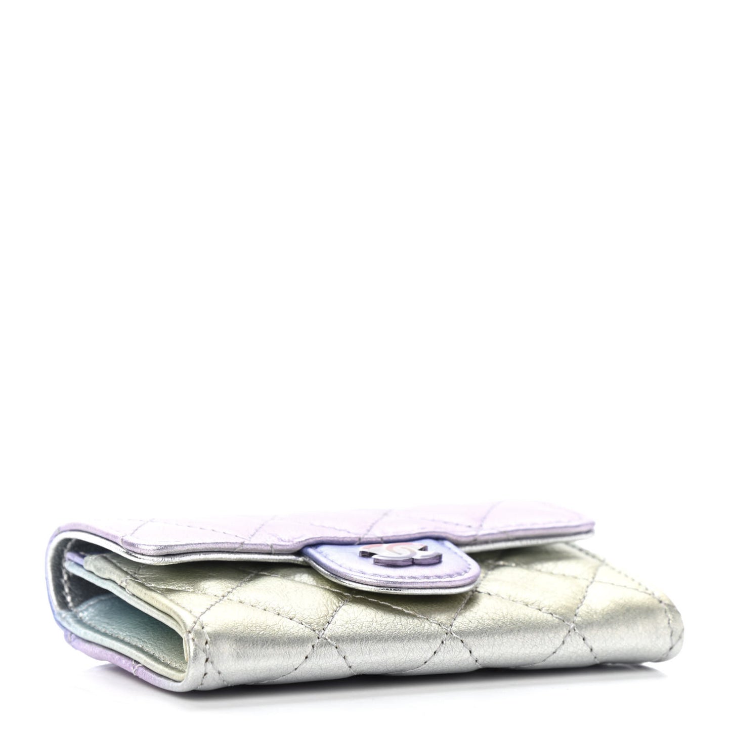 Gradient Metallic Calfskin Quilted Flap Card Holder Wallet Silver Blue Yellow Purple