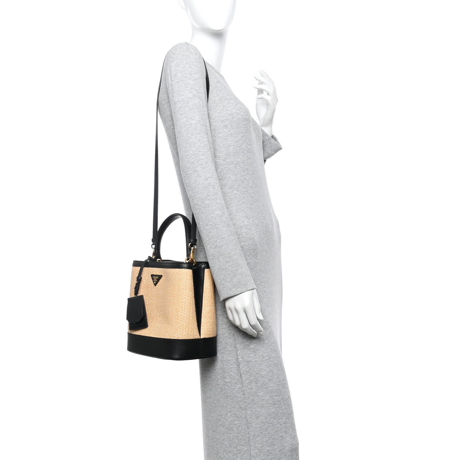 Prada Paglia Saffiano Medium Panier Bucket Bag Naturale Black 2 of 9