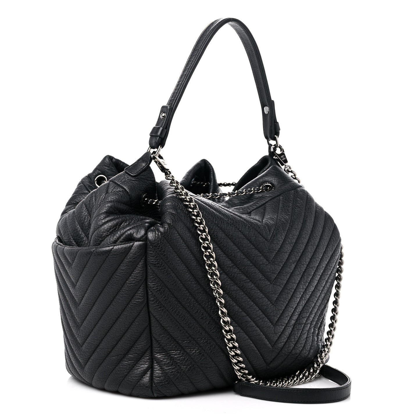 Deerskin Chevron Large CC Chain Bucket Drawstring Bag Black
