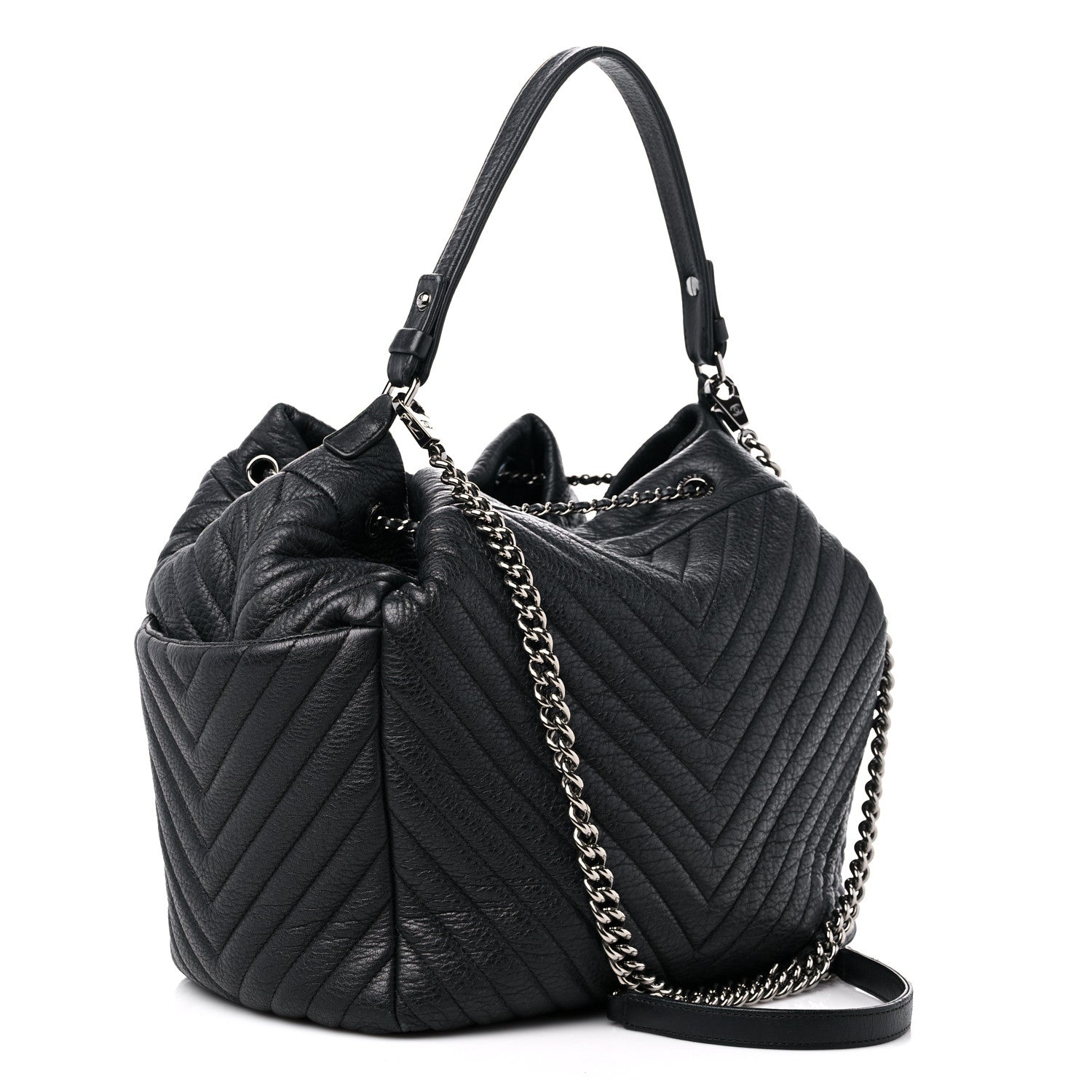 Chanel Deerskin Chevron Large CC Chain Bucket Drawstring Bag Black 3 of 17