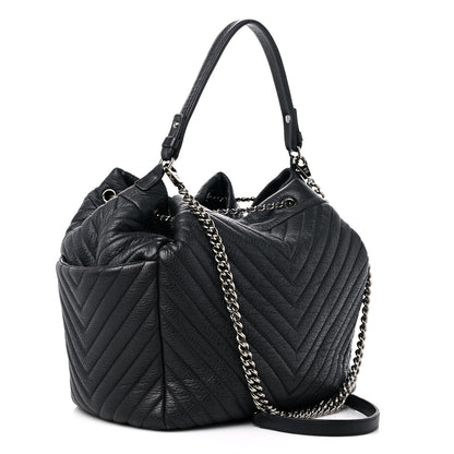 Chanel Deerskin Chevron Large CC Chain Bucket Drawstring Bag Black 3 of 17
