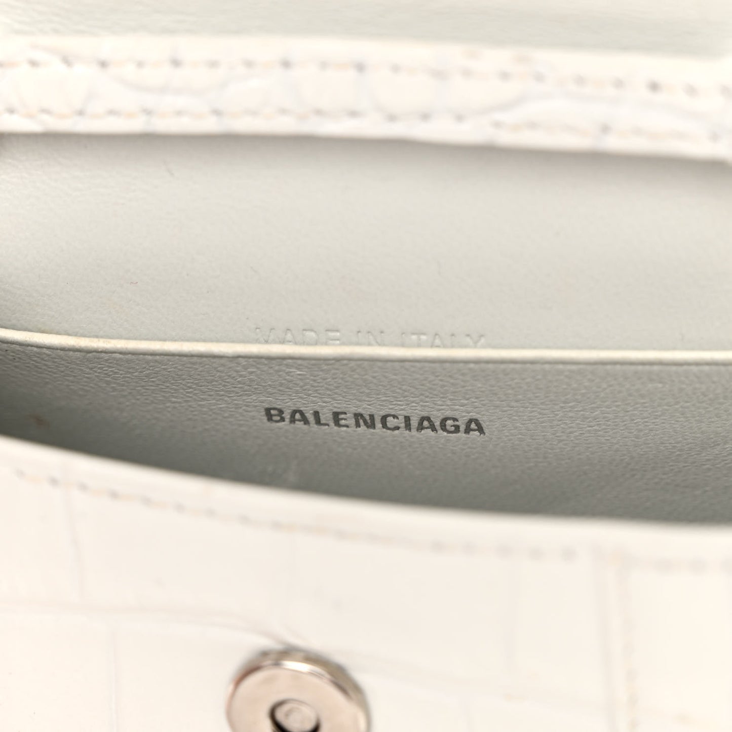 Shiny Calfskin Crocodile Embossed Hourglass Top Handle Bag XS White