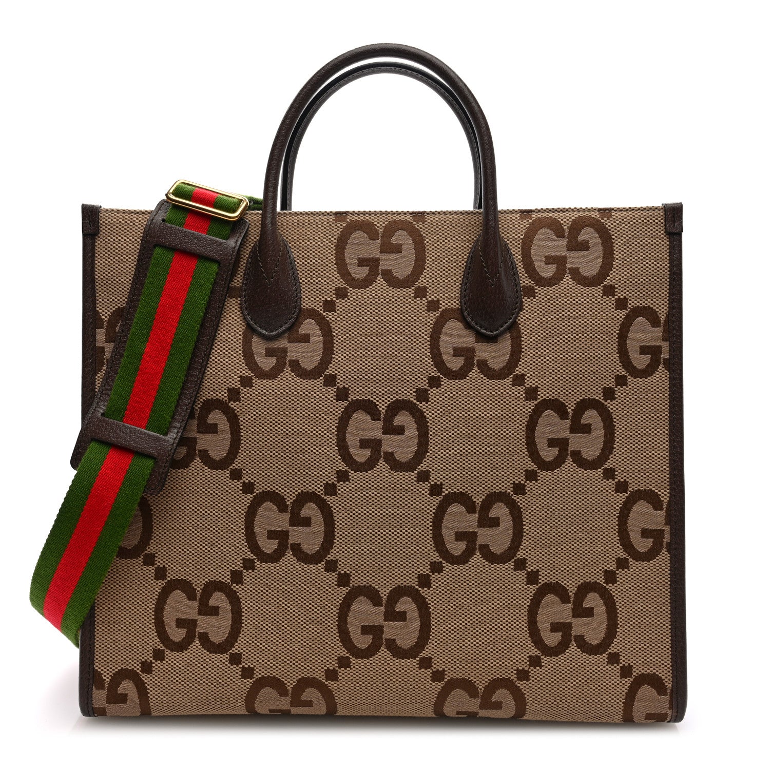 Gucci Monogram Jumbo GG Textured Dollar Calfskin Web Tote Bag Camel Ebony New Acero 1 of 9