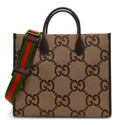 Gucci Monogram Jumbo GG Textured Dollar Calfskin Web Tote Bag Camel Ebony New Acero 1 of 9